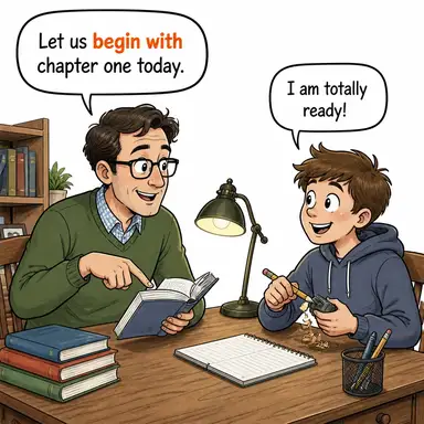 begin with (ile başlamak, ilk olarak) karikatürü — diyalogla bağlam içinde öğren