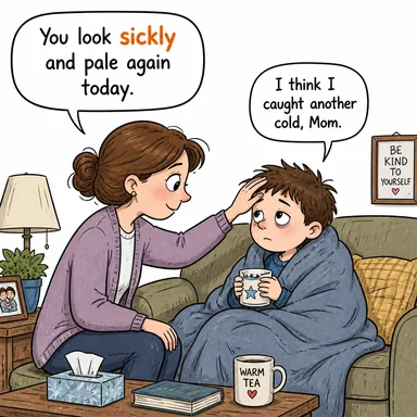 sickly (hastalıklı, solgun, sağlıksız) karikatürü — diyalogla bağlam içinde öğren