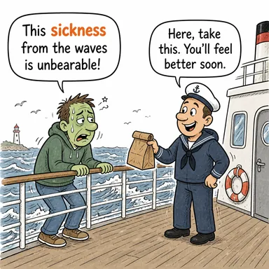 sickness (hastalık, mide bulantısı) karikatürü — diyalogla bağlam içinde öğren