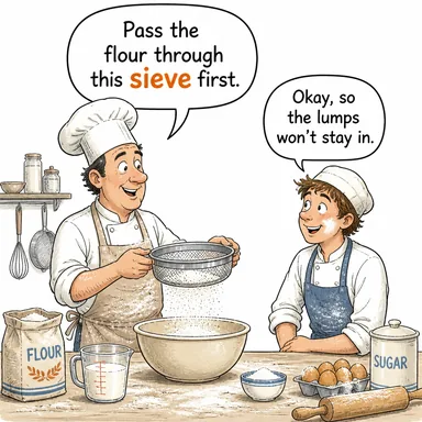 sieve (elek, süzgeç; elemek) karikatürü — diyalogla bağlam içinde öğren