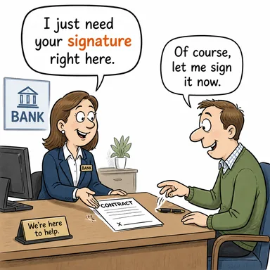 signature (imza; (mecaz) kendine has özellik) karikatürü — diyalogla bağlam içinde öğren