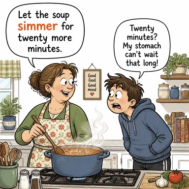 simmer (kısık ateşte pişmek/pişirmek; (öfke vb.) içten içe kaynamak) karikatürü — diyalogla bağlam içinde öğren