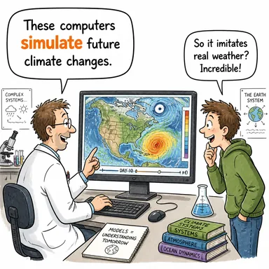 simulate (taklit etmek, simüle etmek, numara yapmak) karikatürü — diyalogla bağlam içinde öğren