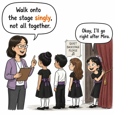singly (birer birer, tek başına) karikatürü — diyalogla bağlam içinde öğren