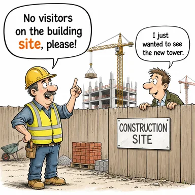 site (yer, alan, şantiye, mevki) karikatürü — diyalogla bağlam içinde öğren