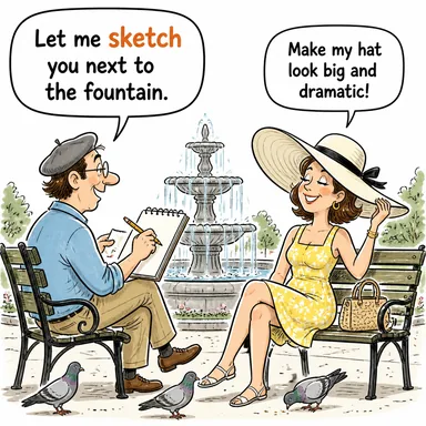 sketch (taslak, kroki; taslağını çizmek) karikatürü — diyalogla bağlam içinde öğren