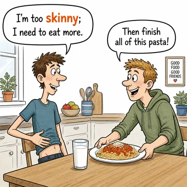 skinny (cılız, çok zayıf, sıska) karikatürü — diyalogla bağlam içinde öğren