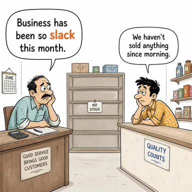 slack (gevşek, durgun (iş/ticaret), ilgisiz) karikatürü — diyalogla bağlam içinde öğren