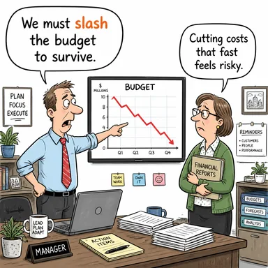 slash (büyük oranda düşürmek (fiyat/bütçe), yarmak, kesmek) karikatürü — diyalogla bağlam içinde öğren