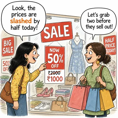 slashed (kesilmiş, indirilmiş (fiyat)) karikatürü — diyalogla bağlam içinde öğren