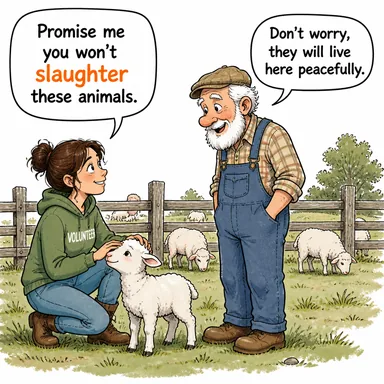 slaughter (katletmek, (hayvan) kesmek/boğazlamak) karikatürü — diyalogla bağlam içinde öğren