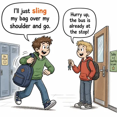 sling (fırlatmak, asmak (boyna/omza)) karikatürü — diyalogla bağlam içinde öğren