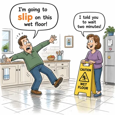 slip (kaymak, (gizlice) sivişmek, hata yapmak) karikatürü — diyalogla bağlam içinde öğren