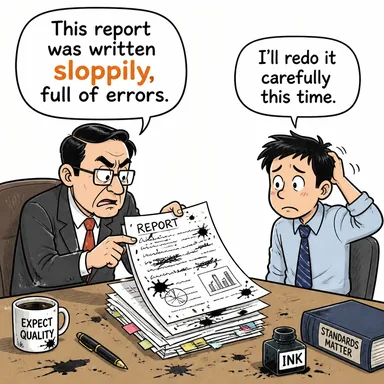 sloppily (özensizce, baştan savma) karikatürü — diyalogla bağlam içinde öğren