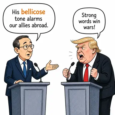 bellicose (kavgacı, savaş yanlısı) karikatürü — diyalogla bağlam içinde öğren