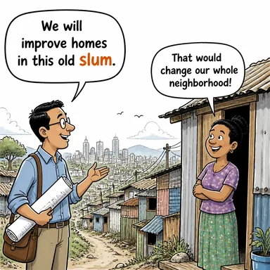 slum (gecekondu mahallesi, harabe semt) karikatürü — diyalogla bağlam içinde öğren