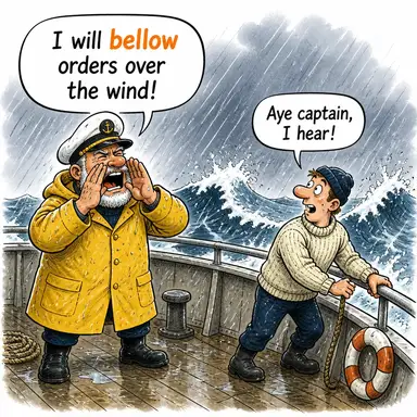 bellow (böğürmek, yüksek sesle bağırmak) karikatürü — diyalogla bağlam içinde öğren