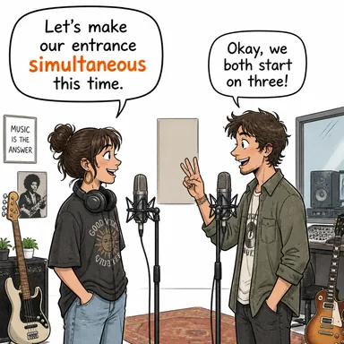 simultaneous (eş zamanlı, aynı anda olan) karikatürü — diyalogla bağlam içinde öğren