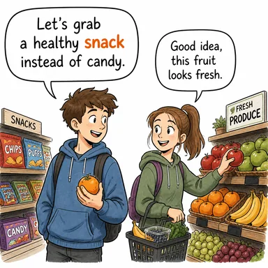 snack (atıştırmalık, ara öğün) karikatürü — diyalogla bağlam içinde öğren