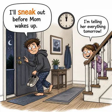 sneak (gizlice girmek/çıkmak, sinsi hareket etmek) karikatürü — diyalogla bağlam içinde öğren