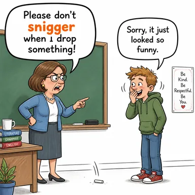 snigger (kıs kıs gülmek, bıyık altından gülmek) karikatürü — diyalogla bağlam içinde öğren