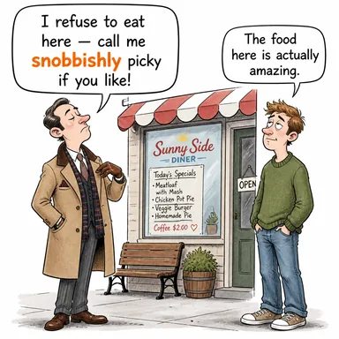snobbishly (züppece) karikatürü — diyalogla bağlam içinde öğren