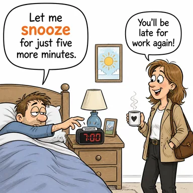 snooze (şekerleme yapmak, uyuklamak, (alarmı) ertelemek) karikatürü — diyalogla bağlam içinde öğren
