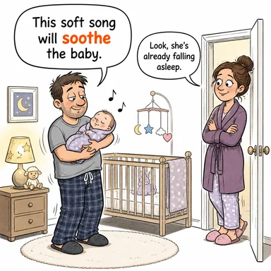 soothe (yatıştırmak, dindirmek (acı), sakinleştirmek) karikatürü — diyalogla bağlam içinde öğren