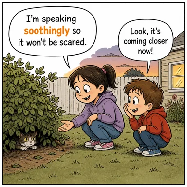 soothingly (yatıştırıcı bir şekilde, sakinleştirici biçimde) karikatürü — diyalogla bağlam içinde öğren