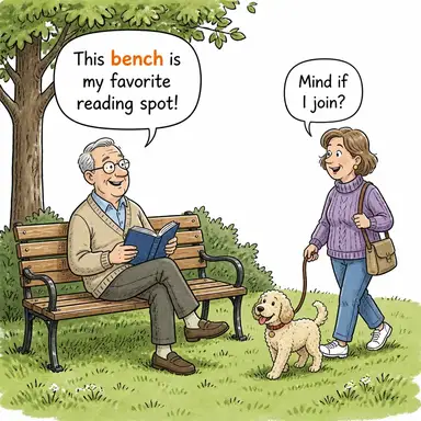 bench (bank, tezgah, yargı kürsüsü) karikatürü — diyalogla bağlam içinde öğren