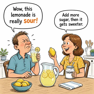 sour (ekşi, bozuk (ilişki/süt)) karikatürü — diyalogla bağlam içinde öğren