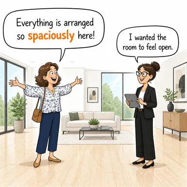 spaciously (genişçe, ferah bir şekilde) karikatürü — diyalogla bağlam içinde öğren