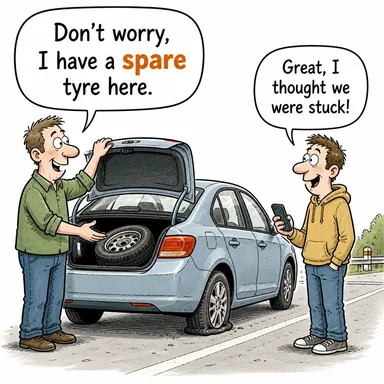 spare (yedek, fazladan, kıymamak/bağışlamak (canını)) karikatürü — diyalogla bağlam içinde öğren