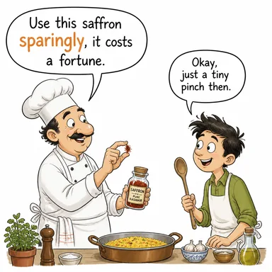 sparingly (idareli şekilde, tutumlu bir biçimde, az miktarda) karikatürü — diyalogla bağlam içinde öğren