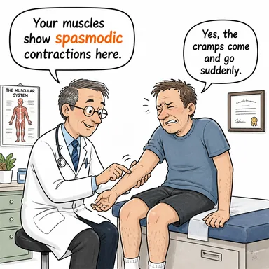 spasmodic (düzensiz, kesik kesik, nöbet halinde gelen) karikatürü — diyalogla bağlam içinde öğren