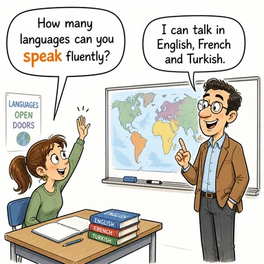 speak (konuşmak) karikatürü — diyalogla bağlam içinde öğren