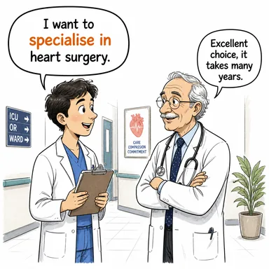 specialise in (uzmanlaşmak, ihtisas yapmak) karikatürü — diyalogla bağlam içinde öğren
