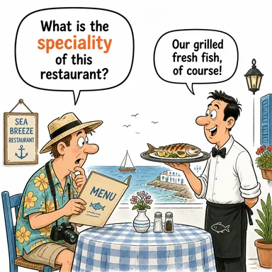 speciality (uzmanlık alanı, meşhur ürün, spesiyalite) karikatürü — diyalogla bağlam içinde öğren