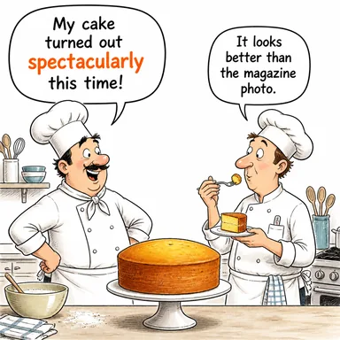spectacularly (muhteşem bir şekilde, olağanüstü biçimde) karikatürü — diyalogla bağlam içinde öğren