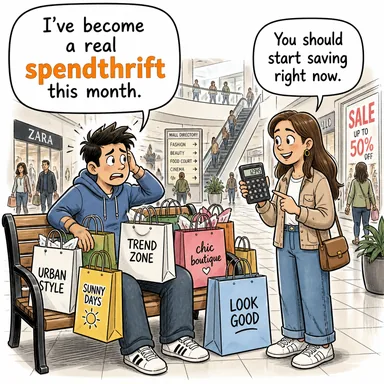 spendthrift (müsrif, savurgan (kişi)) karikatürü — diyalogla bağlam içinde öğren