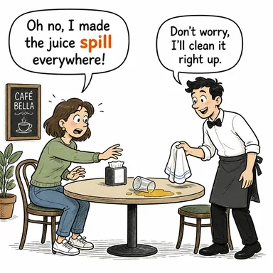 spill (dökmek, saçılmak; (petrol) sızıntısı) karikatürü — diyalogla bağlam içinde öğren