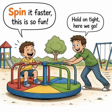 spin (dönmek, döndürmek; (hikaye) uydurmak/çarpıtmak) karikatürü — diyalogla bağlam içinde öğren