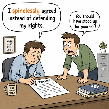 spinelessly (korkakça, iradesiz bir şekilde, omurgasızca) karikatürü — diyalogla bağlam içinde öğren
