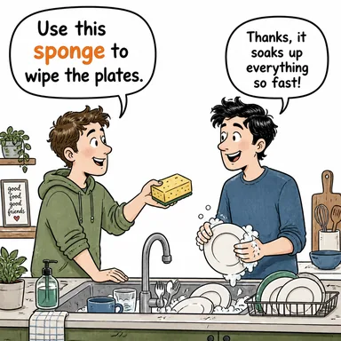 sponge (sünger; (mecaz) otlakçı) karikatürü — diyalogla bağlam içinde öğren