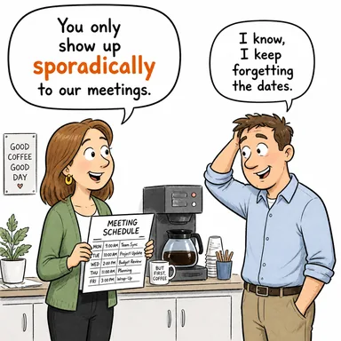 sporadically (ara sıra, düzensiz aralıklarla) karikatürü — diyalogla bağlam içinde öğren