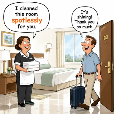spotlessly (tertemiz bir şekilde, lekesizce) karikatürü — diyalogla bağlam içinde öğren