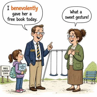 benevolently (iyilikle, yardımseverce) karikatürü — diyalogla bağlam içinde öğren