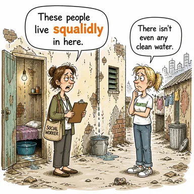 squalidly (sefilce, pis bir halde) karikatürü — diyalogla bağlam içinde öğren