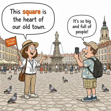 square (kare; meydan) karikatürü — diyalogla bağlam içinde öğren