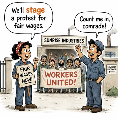 stage (sahnelemek, düzenlemek (eylem/protesto)) karikatürü — diyalogla bağlam içinde öğren